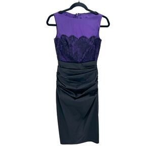 TALBOT RUNHOF Purple Black Lace Boat Neck Sleeveless Gathered Sheath Dress 4